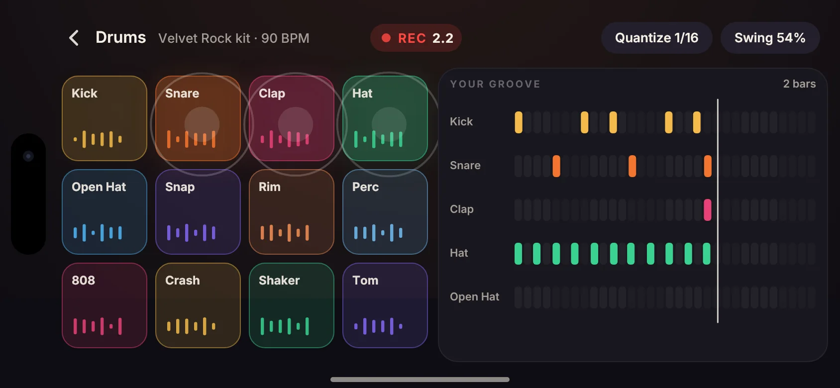 App screen in landscape: twelve drum pads with a two-bar groove grid
