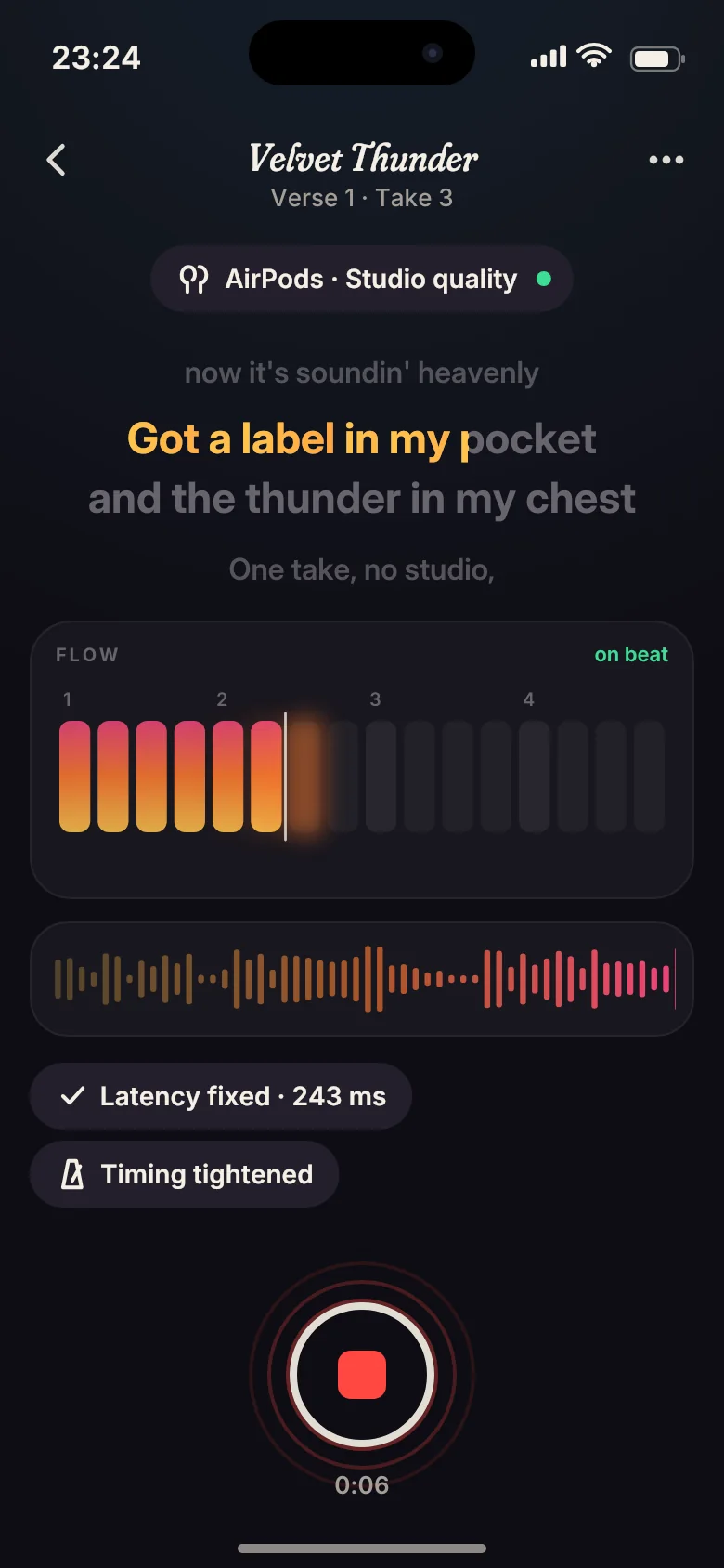 App screen: recording a verse with scrolling lyrics and a flow meter