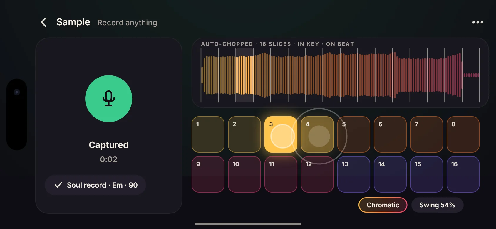 App screen: a captured sample auto-chopped into sixteen pads